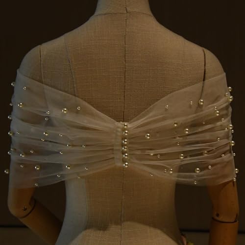 Wedding Bridal Shoulder Wrap Sheer Shawl with Pearl Beads Shoulder Wrap Elegant Simple Formal Banquets Party Shawl, 115cm, Beige Snow4