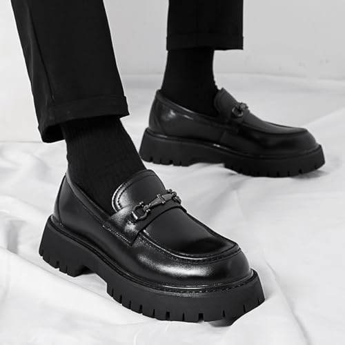 Image of Mens Patent Leather Slip-On Platform Dress Horsebit Loafer Low Heels Round Toe Non-Slip Penny Shoes for Formal Business Wedding