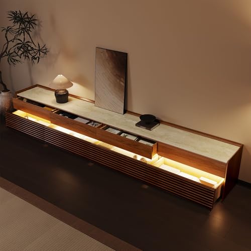 Image of POVISON Fully-Assembled Mid Century Glossy Sintered Stone TV Stand, 118.11 inch Wood Media Console with Adjustable LED Light, Entertainment Center with Storage for Living Room(Walnut)