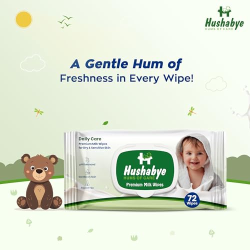 Image of Hushabye Premium Milk Baby Wipes with lid- 0+ Months, pH balanced, Paraben & Alcohol Free, Moisturising & Thick Wipes with purified Water, Gentle & soothing, 720pcs, Pack of 10
