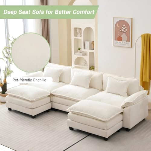 Image of Modern U Shaped Sectional Sofa, Plush Chenille Upholstery, Extra Deep Seats with Throw Pillows for Living Room Office Hotels (Cream)