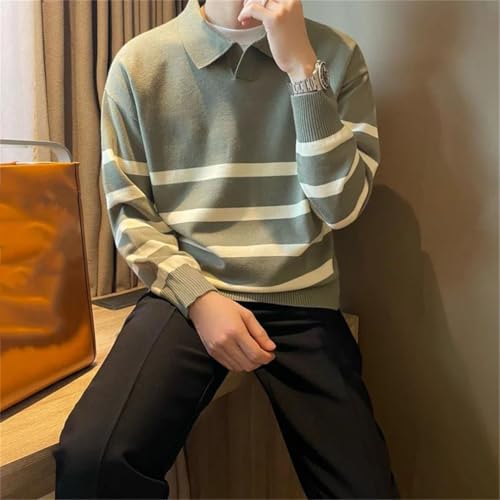 Men’S Simple Turn-Down Collar Striped Knitted Pullover Sweater Casual Loose Long Sleeve Jumper Top2