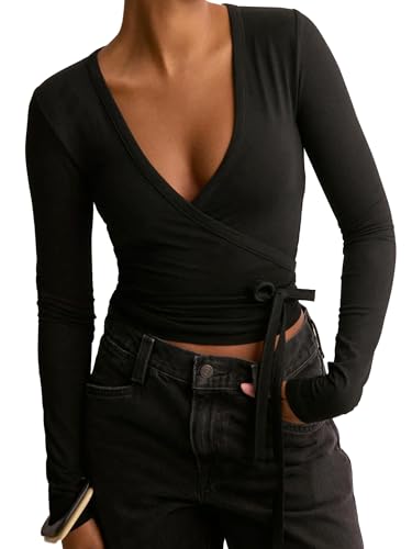 Image of Springcmy Womes Tie Wrap Wrap Sexy Deep V Neck Tie Front Long Sleeve Tops Slim Fit Yoga Ballet Pilates Shirts Workout T Shirts (B Black, M)