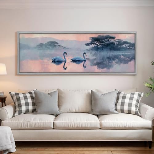Tableau sur toile cygnes grand format avec cadre intérieur bois