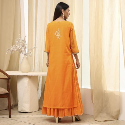 Image of BIBA Women Orange Poly Chanderi Dress