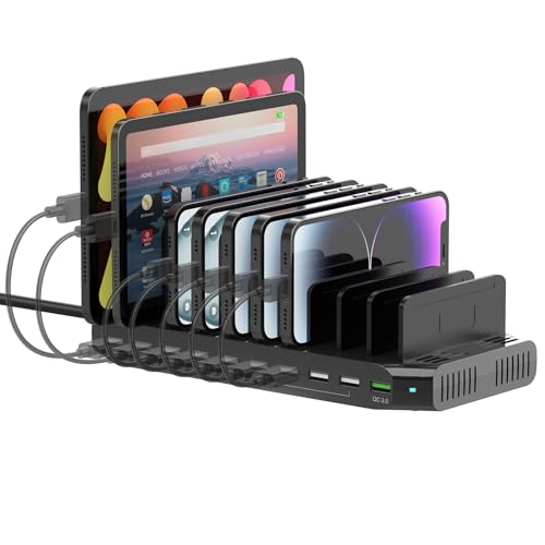 SUIDEK Ladestation mit 10 Anschlüssen für mehrere Geräte, 60W Ladestations mehrere Geräte, Multi-Ladestation mit QC3.0-Anschluss und verstellbaren Trennwänden, kompatibel mit Tablets, Smartphones