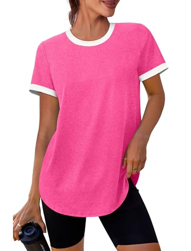 Image of Womens Workout Tops Summer Short Sleeve Shirts Athletic Color Block Gym Clothes Outfits Sun Protection UPF 50+ T Shirts