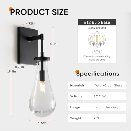 Image of 17 inch L Wall Sconces Set of 2, Black Wall Lights Fixtures Bathroom Vanity Light Modern Raindrop Wall Lamps for Living Room,Bedroom,Hallway,Stairs,Indoor