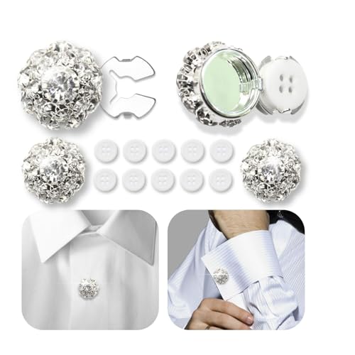 PEARLY JUN Juego de 4 cubiertas de botones de diamantes de imitación, 10 botones de costura de 18 L y 11,5 mm, botones de cristal blanco plateado para mujeres y hombres, adornos adecuados para costura