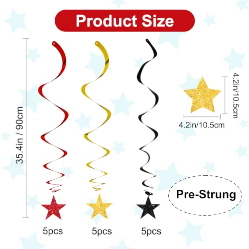 Image of BEISHIDA Black Red Gold Glitter Stars Hanging Swirls Pre-Strung Hanging Ornament Decorations for Casino New Year Birthday Party Movie Night Decorations,Pack of 15