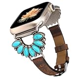 Moolia Boho Turquoise Strap Compatible with Apple Watch Band 42/41/40/38mm, Women Western Leather Strap with Vintage Stone for iWatch Ultra Series SE/10/9/8/7/6/5/4/3/2/1, Brown/Turquoise