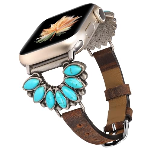Moolia Boho Turquoise Strap Compatible with Apple Watch Band 42/41/40/38mm Women Western Vintage Leather Strap for iWatch Series 11 10 9 8 7 6 5 4 3 2 1 SE/Ultra1/2/3 Brown/Turquoise