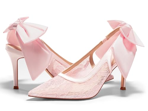 Coutgo Womens Slingback High Heels Bow Closed Pointed Toe Lace Patchwork Party Dress Shoes