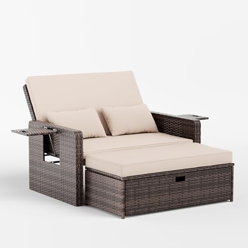 UDPATIO Sofá de Ratán 2 Plazas con Reposapiés con Almacenamiento, Muebles de Salón de Ratán para Exteriores con Respaldo Regulable y Cojines Gruesos, para Terraza y Jardín   Beige