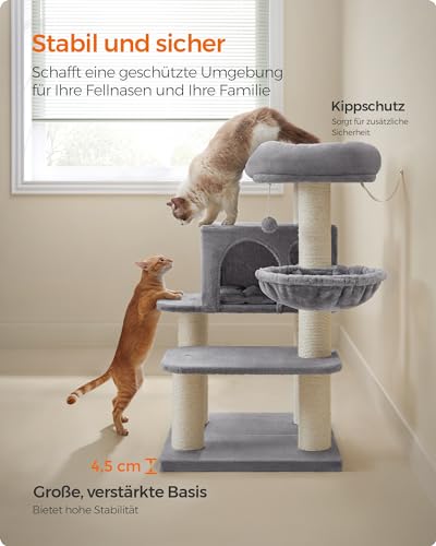 Feandrea Kratzbaum für große Katzen, XXL, hochbelastbar, Katzenturm mit 6 extra dicken Kratzsäulen, große Plattform, Höhle, Korb, flexibel aufbauen, abnehmbare, waschbare Kissen, hellgrau PCT01W