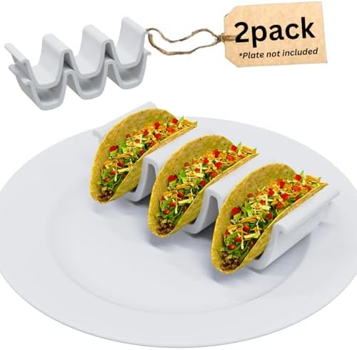 HolaTasty Taco Shell Holder Ceramic, Triple Taco Stand for Plates - Compact Taco Rack 3-Slot for Street/Hard Shell Tacos, Party Taco Server Mini Taco Holder, Taco Heater for Microwave Oven - Set of 2