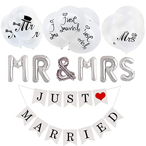Karjiaja Just Married Garland Banners Just Married Wedding Bunting Banners Wedding Decorations Banners Photo Booth Props With 10 PCS White Latex Balloons Aluminum Foil Mr&Mrs Balloons For Wedding