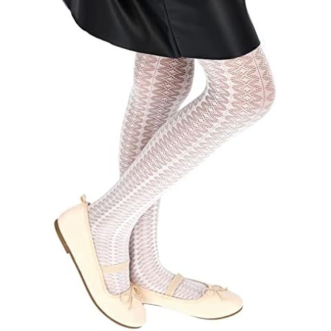hi!mom Soft Patterned Girls White Tights, Microfiber Stretchy Strong Toe Children Pantyhose, Kids Tights For School Uniform Casual Dance, Multiple Cute Patterns, Sizes 6 to 13 Years Cover