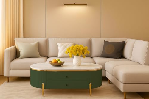 Image of WOODEN SPACE Premium Moderno Marble-Top Coffee Table with Storage Drawer & PVD Coated Iron Legs | Oval Wooden Center Table for Living Room & Entryway (Green)