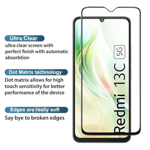 Image of Tempered Glass Screen Protector Compatible for Redmi 13C 4G, 13C 5G, Poco M6 5G with Edge to Edge Coverage and Easy Installation Kit, Pack of 1, Black