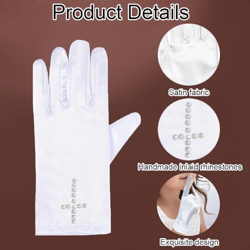 YukaBa First Communion Gloves with Rhinestone Cross for Girl and Boy, L7.1 in*W2.9in Medium4