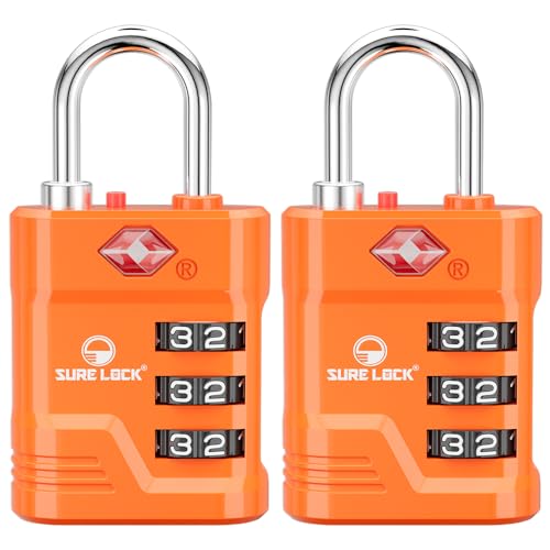 Image of SURE LOCK TSA Approved Luggage Lock – 3-Digit Resettable Combination Padlock with Open Alert Red Dot, Large Easy-Read Dials for Suitcases, Backpacks, Gym & School Lockers (Orange 2 pk)