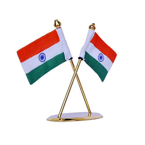 Image of ZAHEPA Flag for Car Dashboard, Khadi Fabric decorative Flag with Gold Plated Metal Cross Base, Office Desk Accessory, Tabletop Decoration for Home, Office & Corporate Use, Gift for Professionals