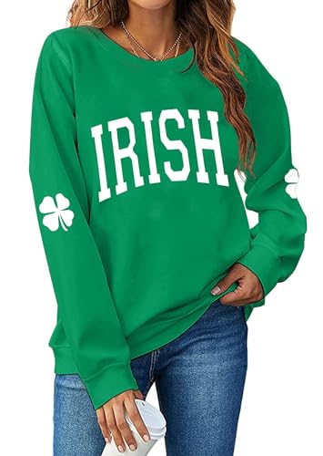 Urvatac Women St. Patricks Day Sweatshirts Shamrock Clover Print Shirts Casual Irish Gift Long Sleeve Loose Fit Tops