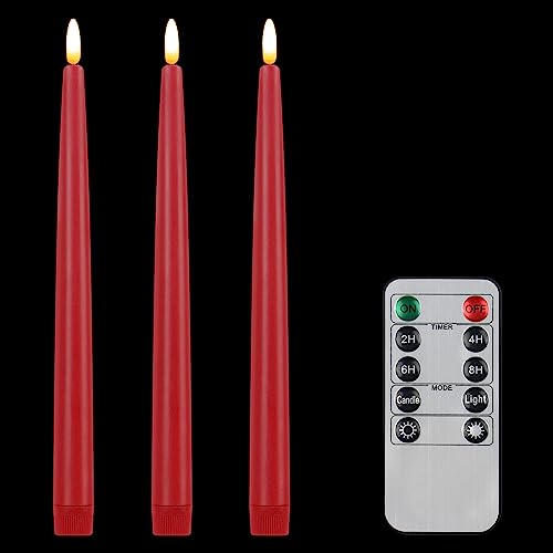 CVHOMEDECO. Flameless Taper Candles with 10-Key Remote, Battery Operated Led Flickering 3D Wick Window Candles Real Wax Finished Home Christmas Party Decor 0.78 x 11 Inch, Pack of 3, Red