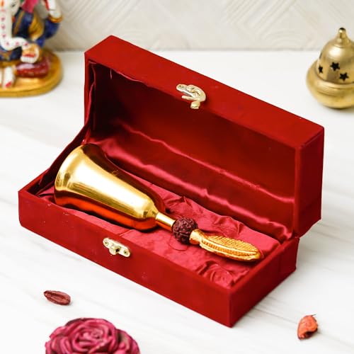 Webelkart Antique HandiCrafted Gold Plated Pooja Bell with Rudraksha with Velvet Box for Home/Office Decor/Brass Hand Puja Bell/Pooja Ghanti/Pooja Article for Temple (7" Inches Gold)