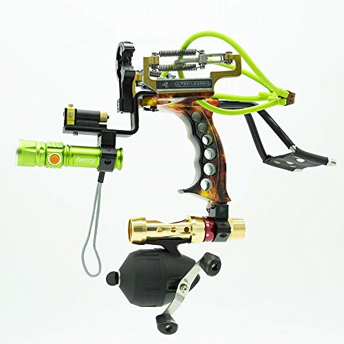 HBG Powerful Fishing Slingshot Kit, Arrows and Ammo 2 in 1 Shooting Slingshot, Archery Professional Adjustable Fishing Set with Arrow Brush,Fishing Reel,Fishing Reel Rack,Flashlight,4Pcs Rubber Bands