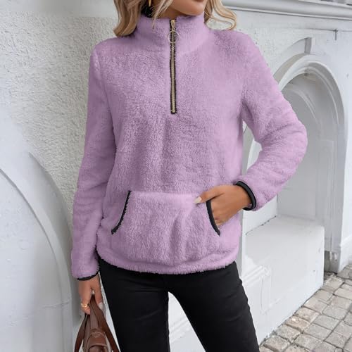 Purple Fleece Zip Up Women Oversized Quarter Half Zip Pullover Sweatshirts - image 5