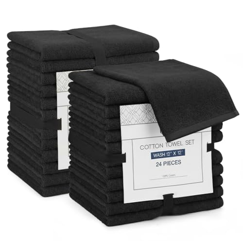 Linteum Zero Twist Washcloths 12x12, 100% Cotton – Black, 24-Pack