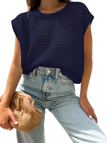 Image of Womens Summer Crochet Tops Hollow Out Cap Sleeve Cover Up Tank Top Pullover Sweater Vest Beach Vacation Clothes
