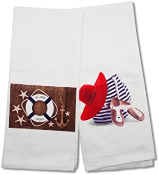 Home Concepts Beach-Themed Kitchen Towel Set - Set of 2- Cotton with Welcome Aboard and Sandal Printed Designs - 15 x 25 Inches
