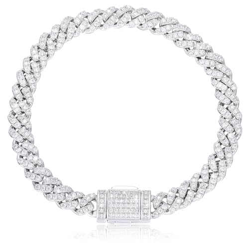 TUHE 6MM Moissanite Cuban Link Bracelet for Men Simulated Diamond Bracelets 18K White Gold Over 925 Sterling Silver Women Bracelet D Color VVS1 Round Lab Created Iced Out Miami Moissanite Bracelet 7in