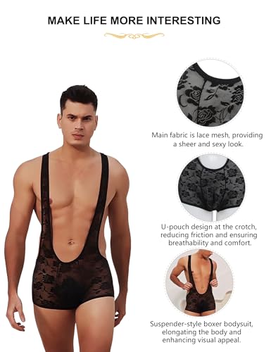 Men's Bodysuit Lingerie Sleeveless Sissy Clothes for Men Breathable Lace Mesh Leotard Black S-XL4