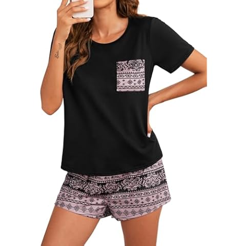 POKWAI Womens Summer Shorts and Short Sleeve Tops Pajama Sets Soft Pjs(FP Pink,Medium) Cover
