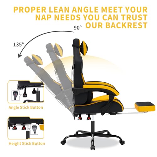 Image of Gaming Chair with Massage,Ergonomic PC Gaming Chair with Footrest Comfortable Headrest and Lumbar Support,High Back Game Chair PVC Leather,300LBS (BlackYellow)