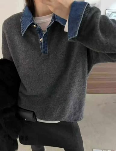 Image of Womens Denim Lapel Sweater Oversized Long Sleeve Button Down Polo Knit Pullover Sweaters 2025 Fall Outfits