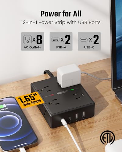 Image of 6Ft Extension Cord with Multiple Outlets, Flat Plug Power Strip Surge Protector, 8 Outlet 4 USB Ports (2 USB C), Wall Mountable, Desk Charging Station for Home Office, College Dorm Room Essentials