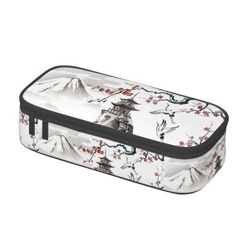 Image of Japanese Cherry Blossom And Fujiyama Ink Painting Large Pencil Case, Pencil Pouch With Zipper Compartments Stationery Pencil Bag For Kids Teens Students School Supplies
