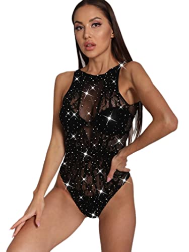 gaibian Body de Lingerie Noir Femmes résille Haut Moulant avec Strass sous-vêtements Sexy à Manches Longues Une pièce Corps Costumes érotiques Cover
