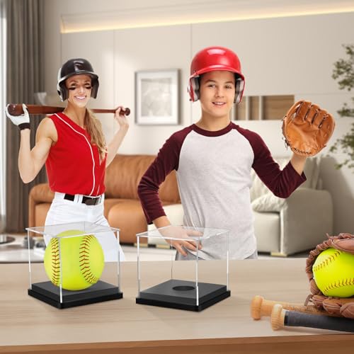 Image of Hooqict 2 Pack Arcylic Softball Display Case Clear Softball Holder UV Protected Stand Championship Display Case Memorabilia Square Box for Golf Tennis Game Ball Baseball