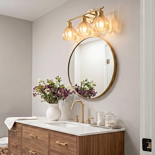Image of Bathroom Light Fixtures, 3-Light Brushed Gold Vanity Lights for Bathroom with Amber Tulip Glass Shade, 20 inch Vintage Bathroom Vanity Lighting Fixtures Over Mirror for Bedroom Living Room Hallway
