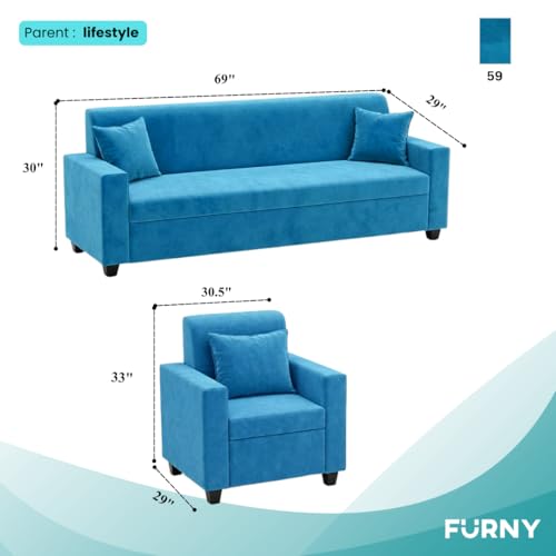 Image of FURNY QualityWood 3 Seater + 1 Seater + 1 Seater Fabric Sofa Set (Aqua Blue) with Velvet Finish | Durable Comfort | Ideal for Living Room