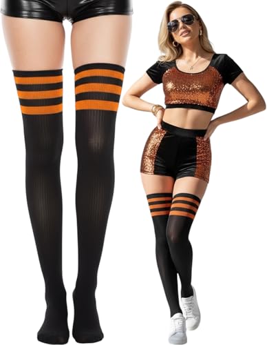 Image of ToBeInStyle Women's Heavyweight Knit Thigh High Long Socks w /Contrast 3 Stripe Top Band