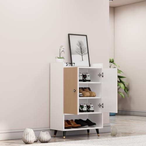 Image of Bniture Engineered Wood Shoe Cabinet with Door | Shoe Rack Wooden with Metal Legs | Sturdy and Stylish Wooden Cabinet for Home | Multipurpose Shoe Rack With 3D Fluted Panel (Frosty White & Giant Wood)