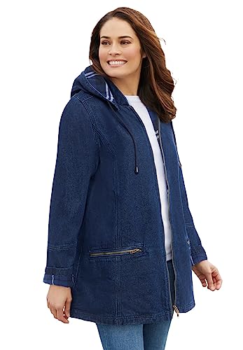 Woman Within Plus Size Flannel-Lined Denim Jacket Removable Hood