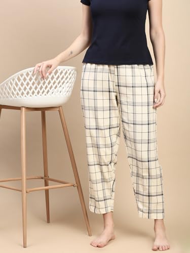 Image of KRYPTIC Women's 100% Pure Cotton Woven Pyjama | Mid Rise Relaxed Fit Full Length Nightwear Pant with Elasticated Drawstring Waistband & Side Pocket | Comfortable Lounge, Sleepwear & Casual Bottom Wear